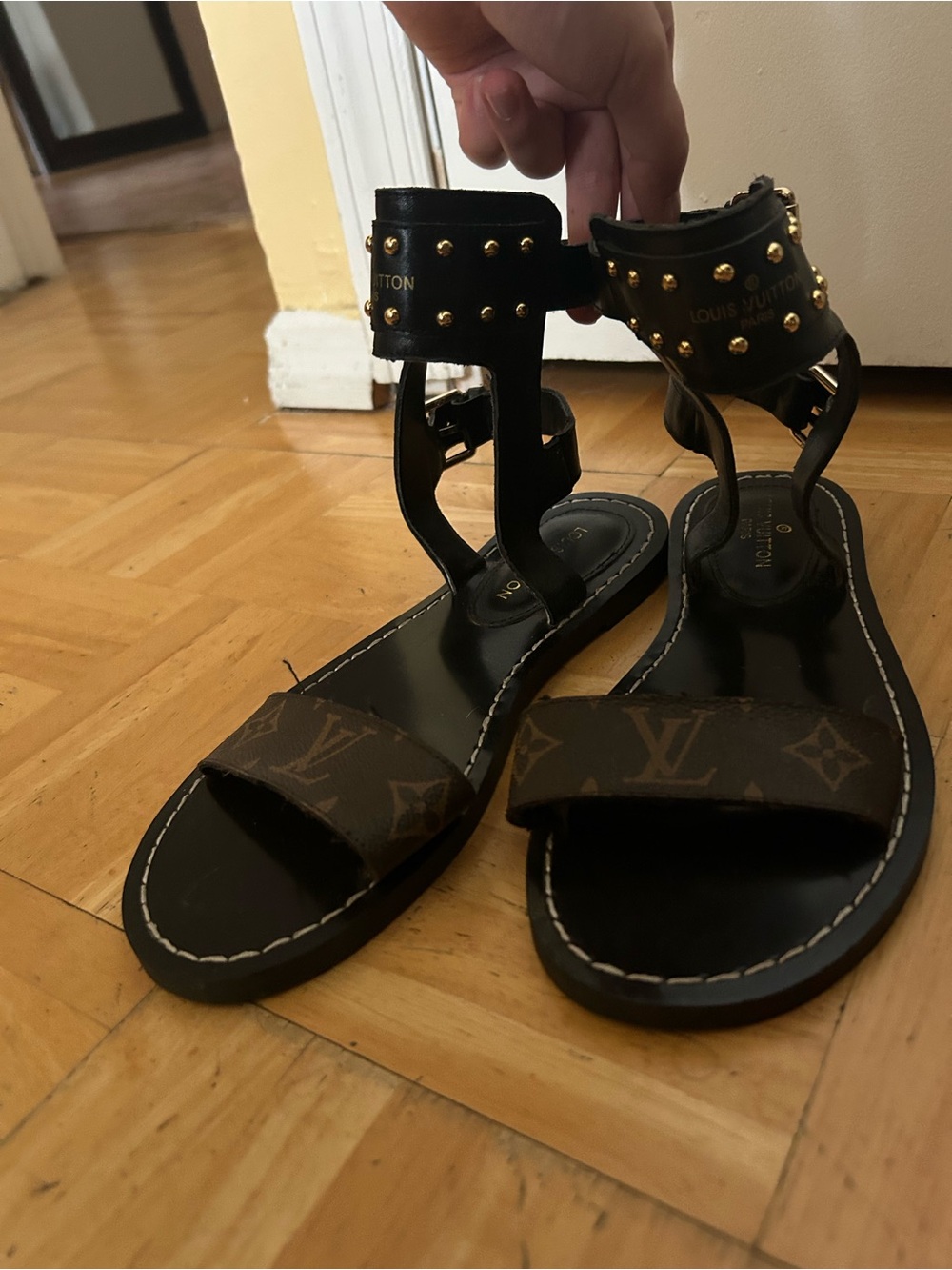 Louis Vuitton Black & Brown Monogram Gladiator Sandals with Gold Studs